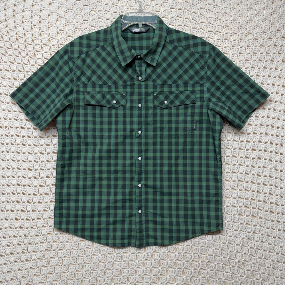 Stio Shirt Mens Size M Green Plaid Pearl Snap Western Short Sleeve Nylon Blend